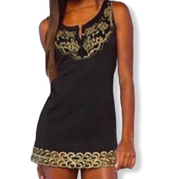Free People • Black Gold Button Embroidered Front Fit Flare Sheath Dress Size 12 - Picture 1 of 8